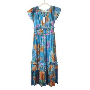 Current Air Blue Floral Boho Romantic Whimsical Pleated Dress Womwns Size Small